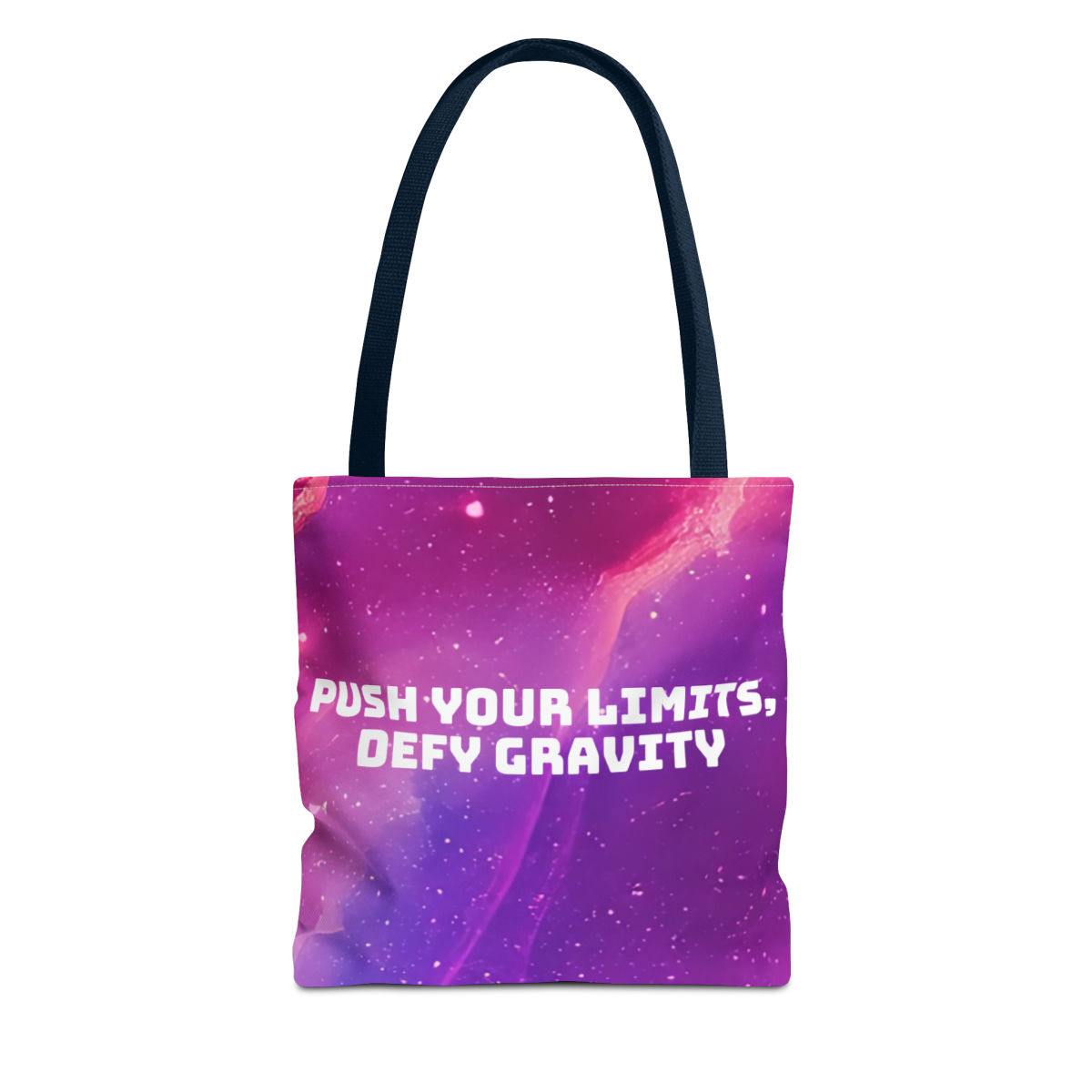 Custom tote bag with the inspirational text 'Push Your Limits, Defy Gravity' in purple and pink shades. Durable, stylish, and available in multiple sizes.