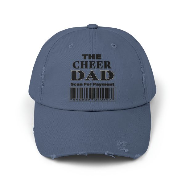A vintage-style distressed cotton cap featuring a 'Scan For Payment' barcode design, perfect for cheer dads, with adjustable fit.