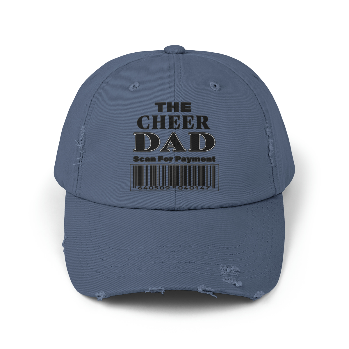 A vintage-style distressed cotton cap featuring a 'Scan For Payment' barcode design, perfect for cheer dads, with adjustable fit.