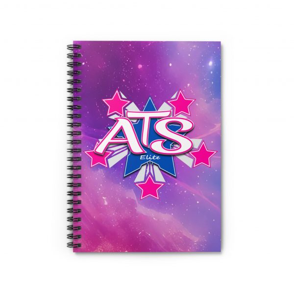 Vibrant ATS Elite Spiral Notebook with pink star design on a cosmic background, featuring durable cover and spiral binding, perfect for school and work.