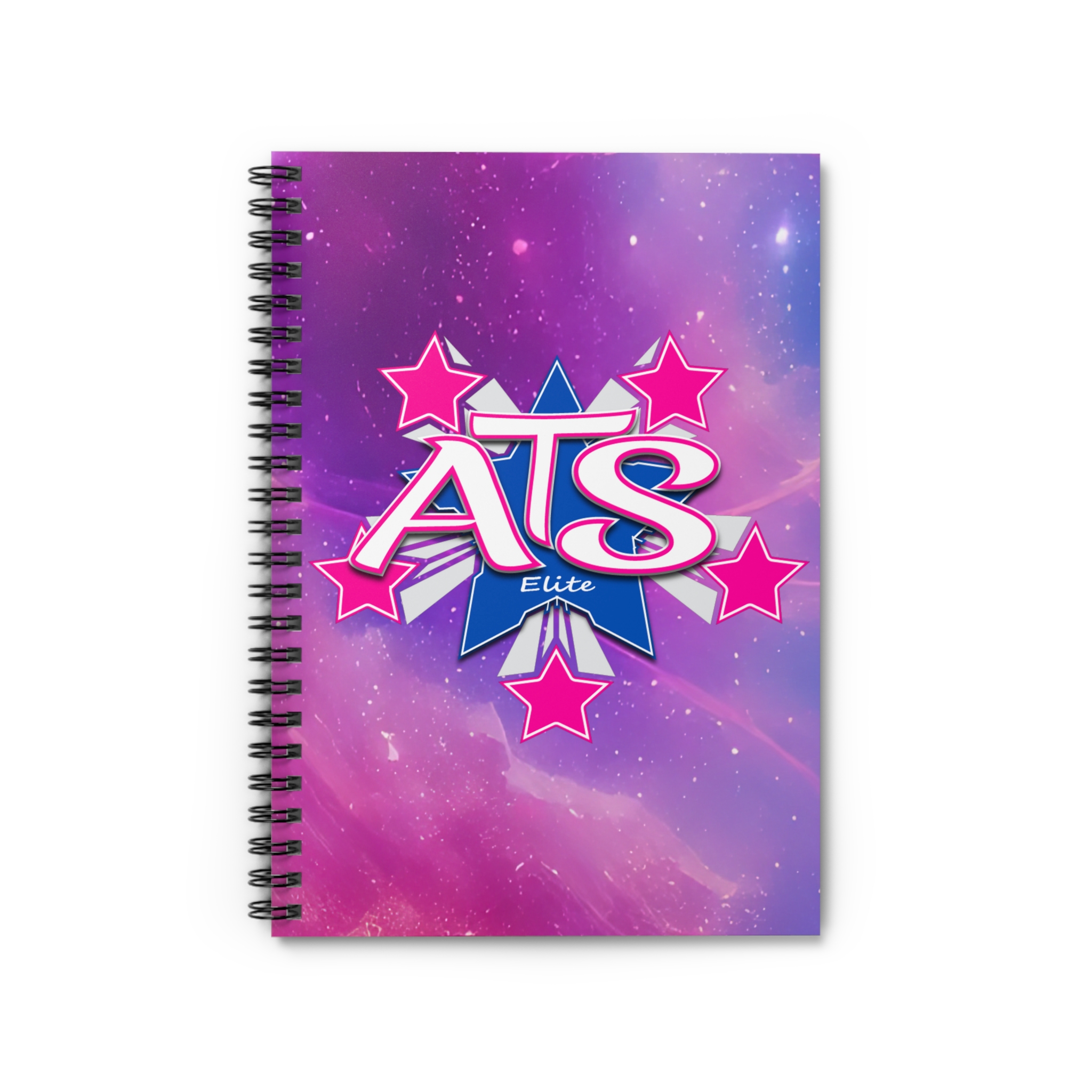 Vibrant ATS Elite Spiral Notebook with pink star design on a cosmic background, featuring durable cover and spiral binding, perfect for school and work.