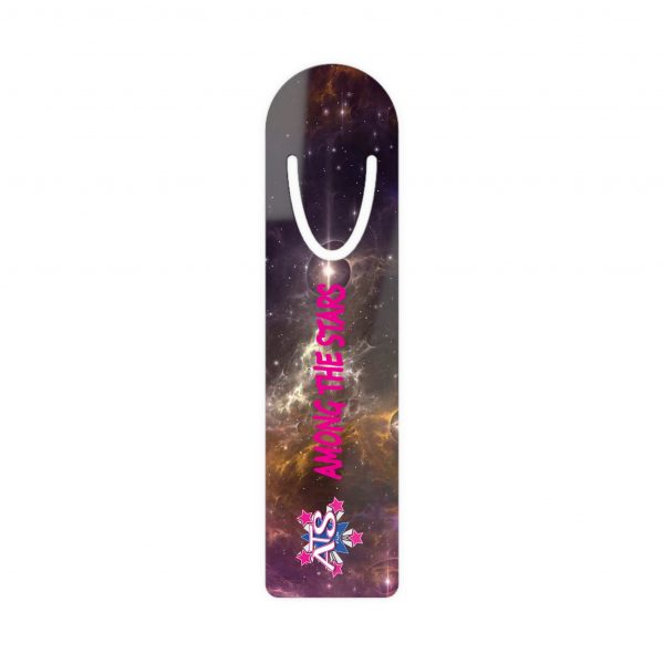 "'Among the Stars' aluminum bookmark with a cosmic design and customizable front side. Ideal for book lovers and space enthusiasts."