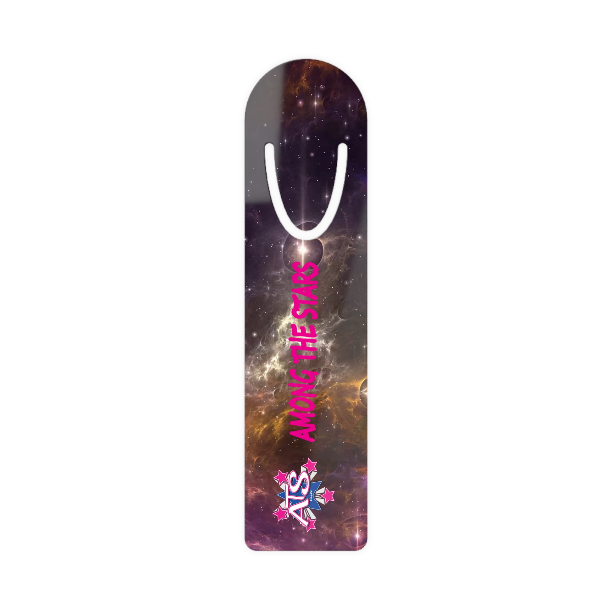 "'Among the Stars' aluminum bookmark with a cosmic design and customizable front side. Ideal for book lovers and space enthusiasts."