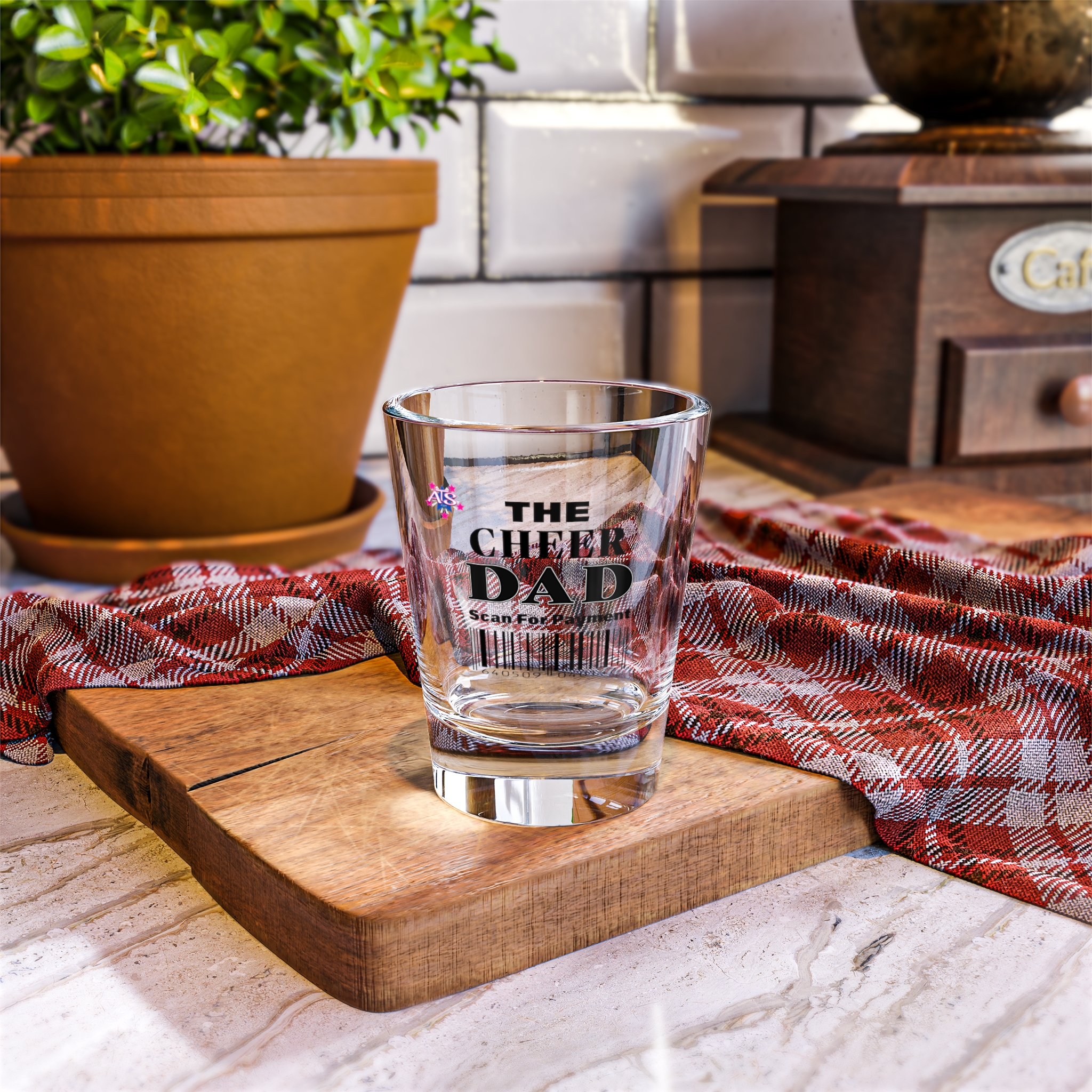 A high-quality 1.5oz shot glass with a 'Scan For Payment' barcode design, perfect gift for fathers, dishwasher safe, and vibrant colors.