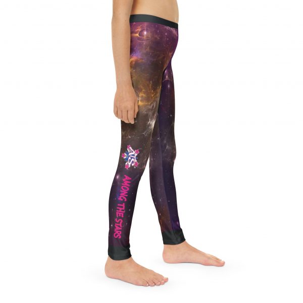 Among the Stars Kids' Galaxy Leggings by ATS Elite, featuring a unique galaxy-themed design and the saying "ATS Elite's Among the Stars" on the right leg, made from soft and stretchy fabric for active kids.
