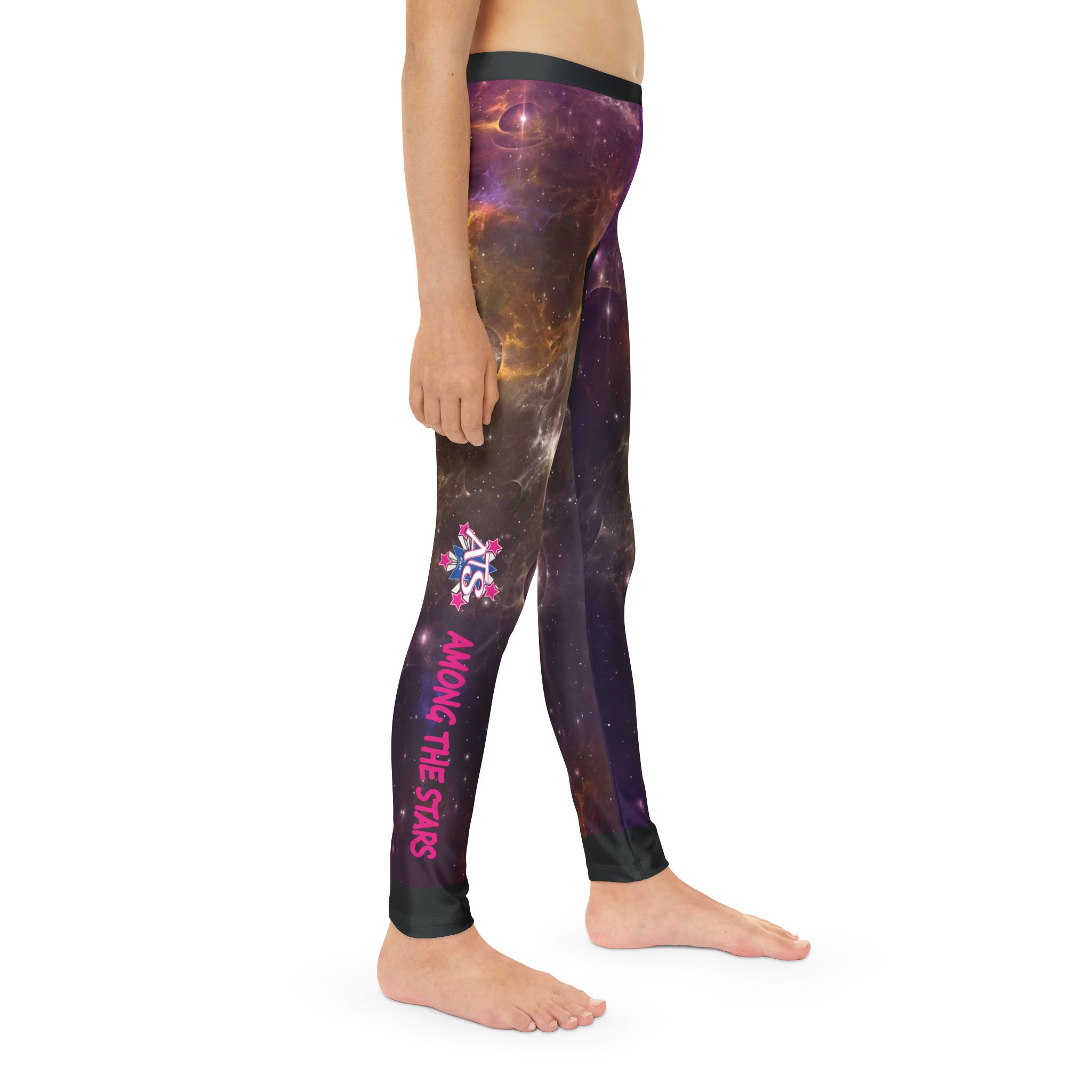 Among the Stars Kids' Galaxy Leggings by ATS Elite, featuring a unique galaxy-themed design and the saying "ATS Elite's Among the Stars" on the right leg, made from soft and stretchy fabric for active kids.