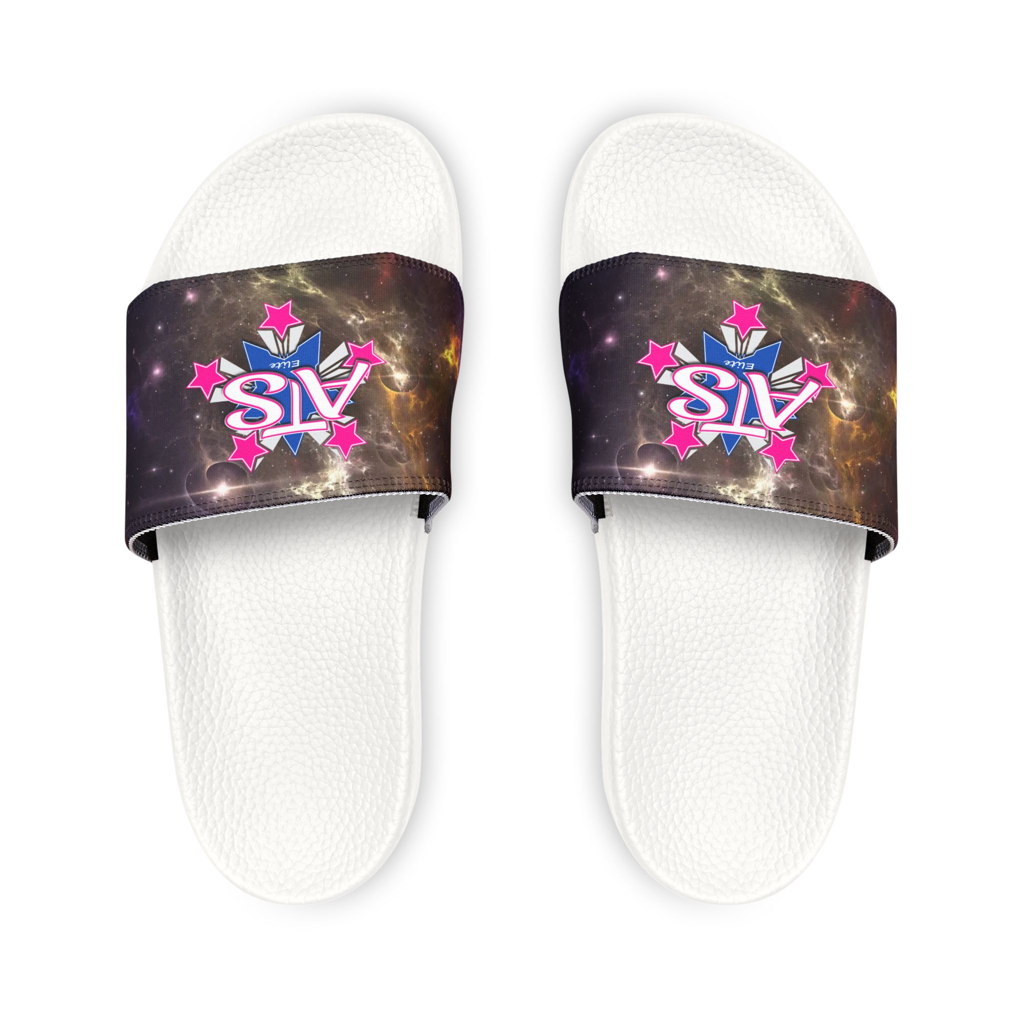 ATS Elite Kids' Slide Sandals with customizable neoprene and polyester straps, ergonomic sole, and vibrant summer design for all-day comfort.
