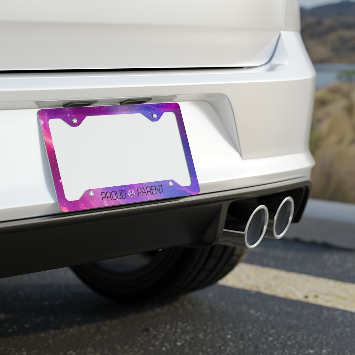 Custom galaxy-themed Proud Parent license plate frame by ATS Elite, made with white aluminum and a glossy finish, featuring vibrant colors and pre-drilled holes for easy installation.
